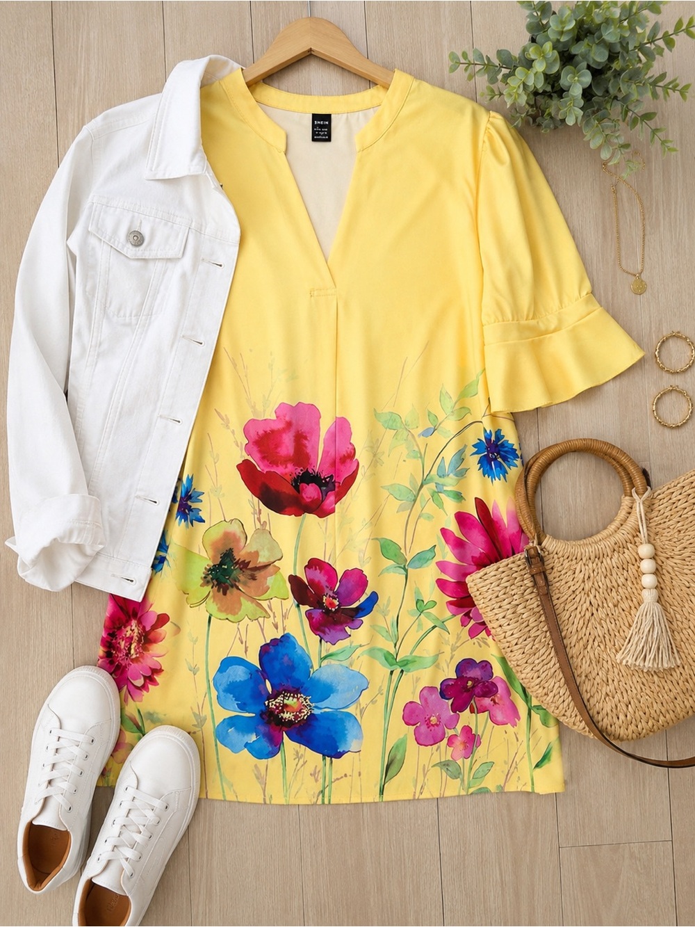 SHEIN Yellow Floral Shift Dress Flutter Sleeve V-Neck Size Large